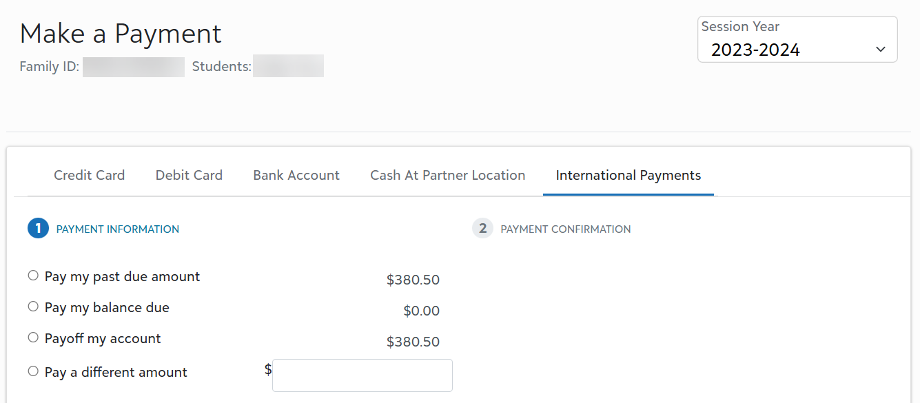 Image of Make a payment page on parent site with International Payments selected
